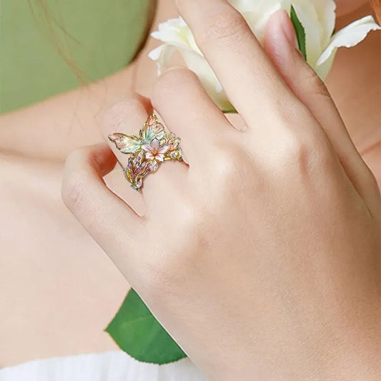 Exquisiter verstellbarer Ring mit Schmetterling und Blume